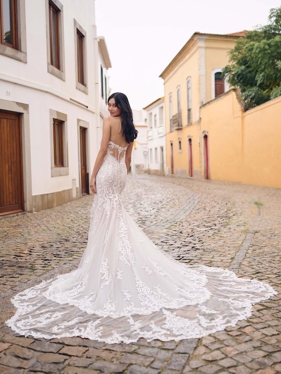 Strapless lace wedding dress.